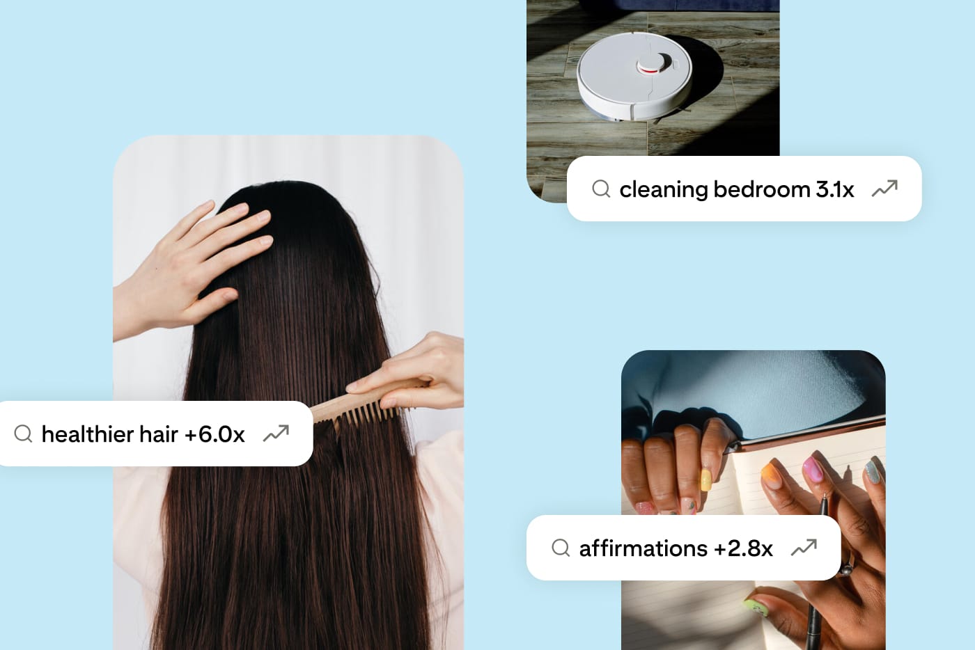 Images and text showing searches are increasing for healthier hair, affirmations, and cleaning bedroom.