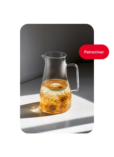 Pin de uma jarra de vidro com água até a metade e flores cor-de-laranja com um botão "Promover" à direita.