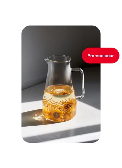 Pin de una jarra de cristal llena a la mitad de agua y flores naranjas con el botón "Promocionar" a la derecha.