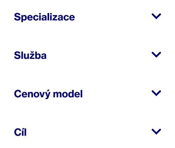 Slova popisující způsob výběru Pinterest Partnerů pro spolupráci: Specialty (osobitost), Service (služby), Pricing model (cenový model) a Goal (cíl)