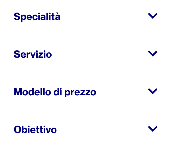Elenco di parole che mostra in base a cosa selezionare un Pinterest Partner: campo di specializzazione, servizio, modello di prezzo e obiettivo