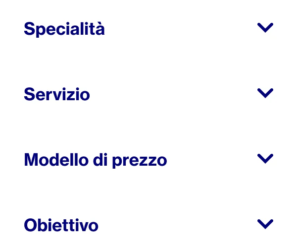 Elenco di parole che mostra in base a cosa selezionare un Pinterest Partner: campo di specializzazione, servizio, modello di prezzo e obiettivo