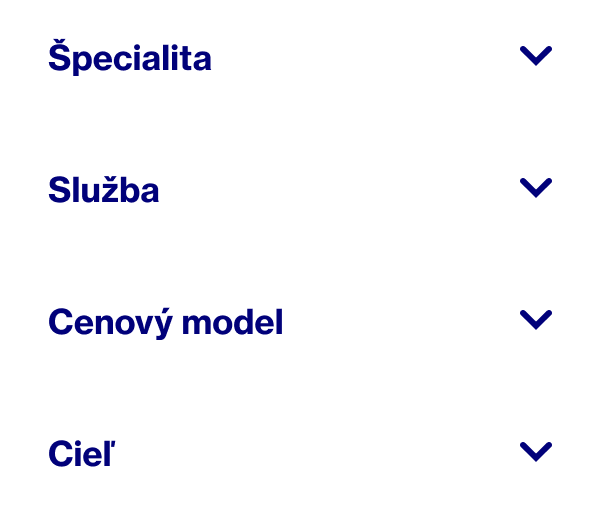 Slová popisujúce spôsob výberu Pinterest Partnerov na spoluprácu: Specialty (osobitosť), Servis (služby), Pricing model (cenový model) a Goal (cieľ)