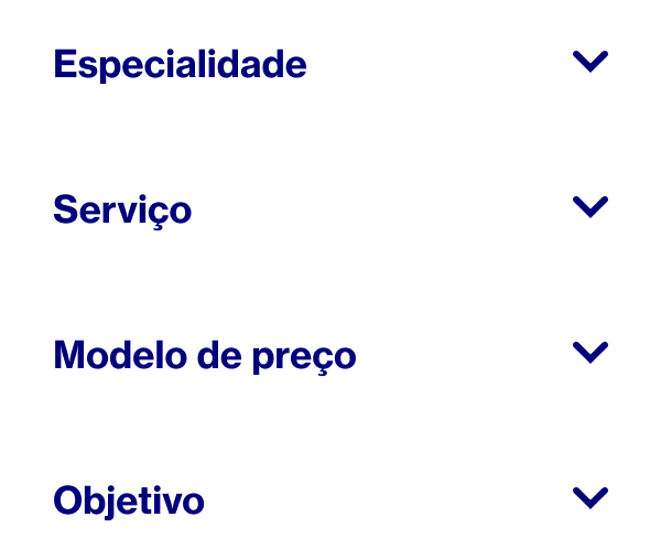 Palavras mostrando como você seleciona os Pinterest Partners com quem poderá trabalhar: especialidade, serviço, modelo de preços e objetivo