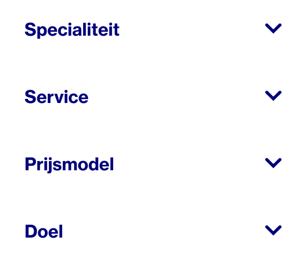 Woorden die laten zien hoe je Pinterest Partners selecteert om met jou te werken: specialiteit, service, prijsmodel en doel