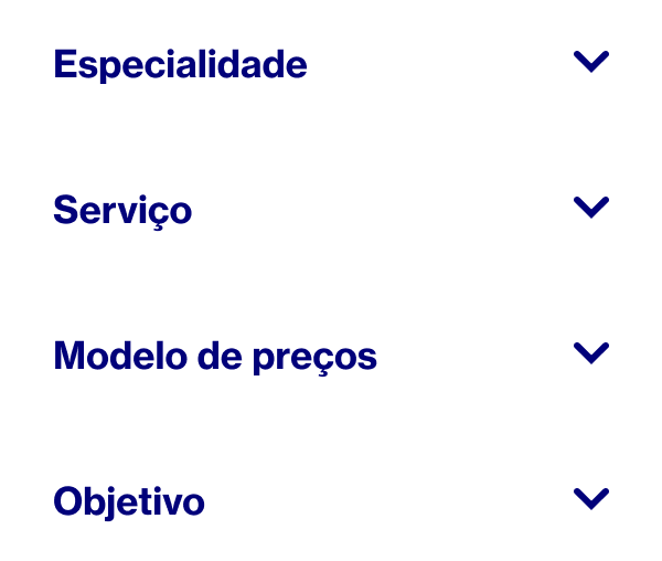 Palavras que mostram como podes selecionar um Pinterest Partner com quem trabalhar: especialização, serviço, modelo de preços e objetivo