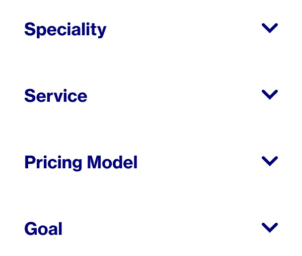 Words that show how you select Pinterest Partners to work with: specialty, service, pricing model and goal