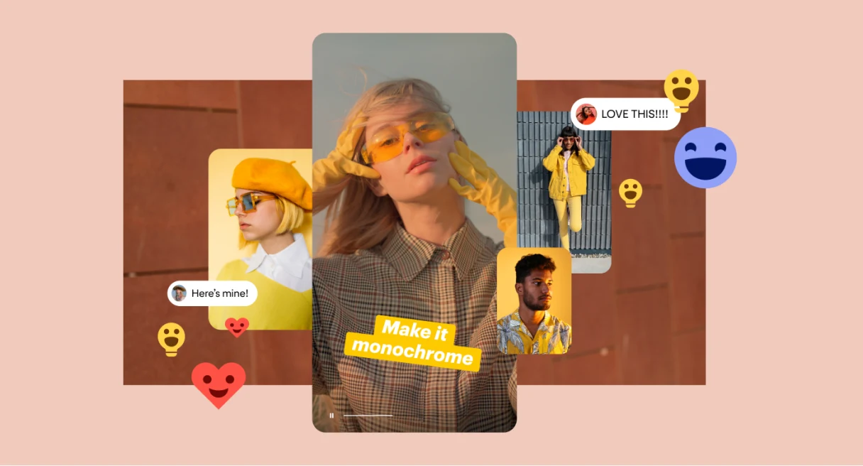 Four people in various shades of yellow clothing with text overlays saying ‘Here’s mine’, ‘Love this’ and ‘Make it monochrome’
