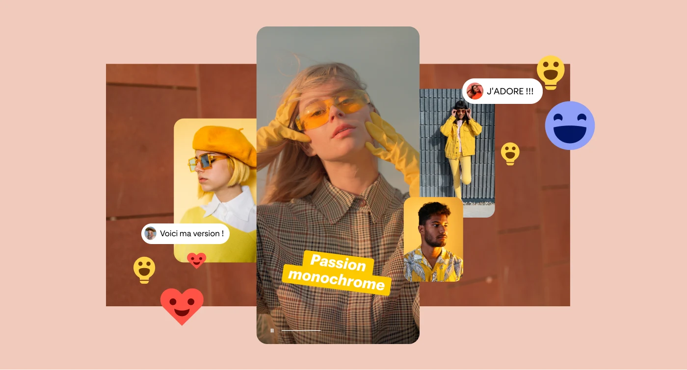 Quatre personnes vêtues en différentes nuances de jaune avec les textes « Voici ma version », « J'adore » et « Adoptez le monochrome » en superposition