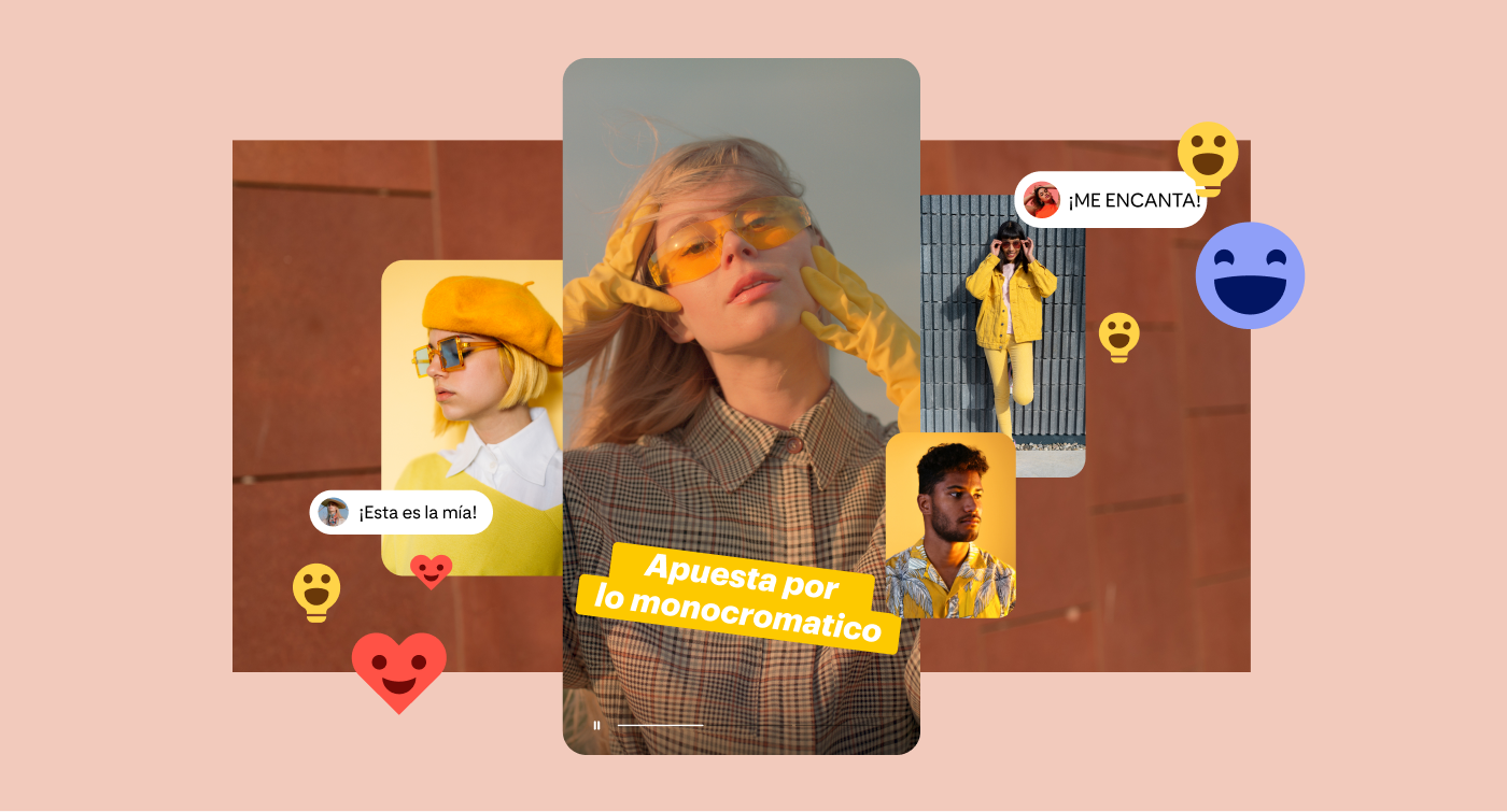 Cuatro personas con ropa en varios tonos de amarillo con el texto superpuesto, aquí está el mío, me encanta y apuesta por lo monocromático