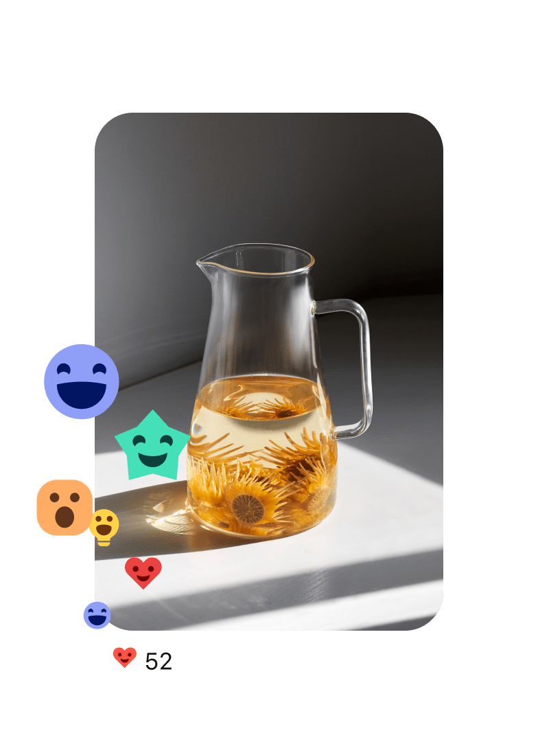 Pin of a glass pitcher filled halfway with water and orange flowers, with a variety of expressive reactions scattered on the left. 