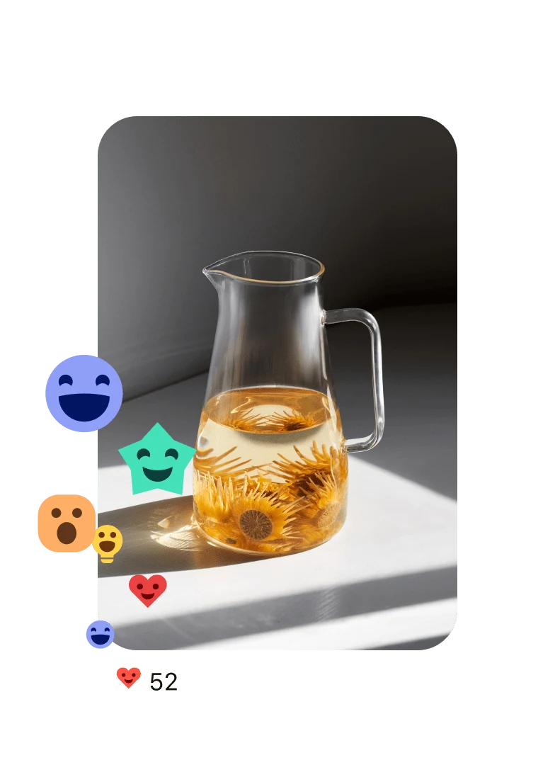 Pin med en glassmugge fylt halvveis med vann og oransje blomster med ulike spredte uttrykksfulle reaksjoner til venstre. 