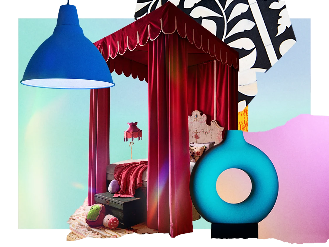 Collage que muestra una cama con dosel cubierta con cortinas de color rojo brillante, baldosas con diseños divertidos, jarrones y lámparas eclécticas.