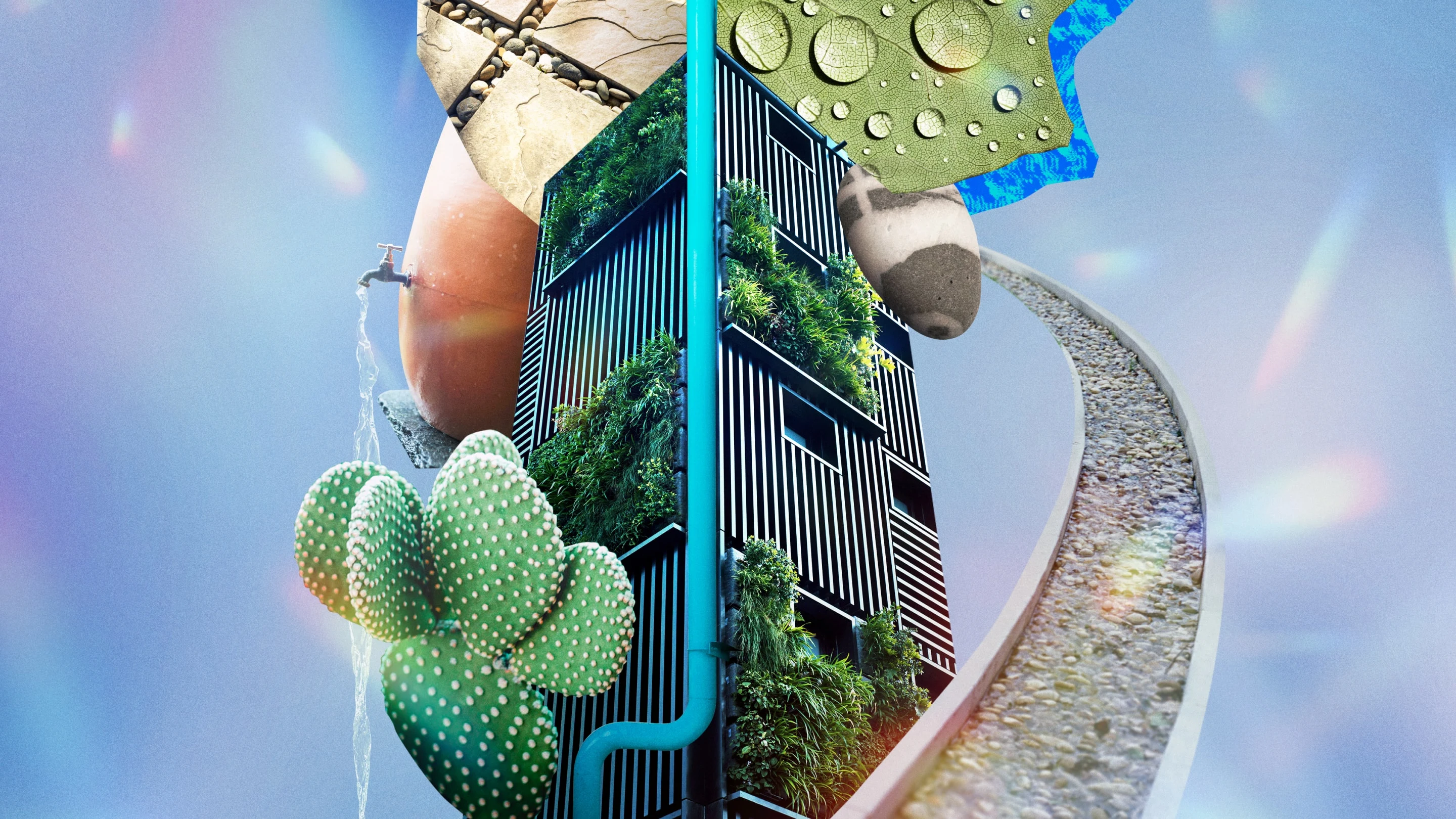 A free-flowing collage featuring water droplets gathering on a leaf, a pebbled pathway, a cactus plant, a flowing water spout and a vertical garden.