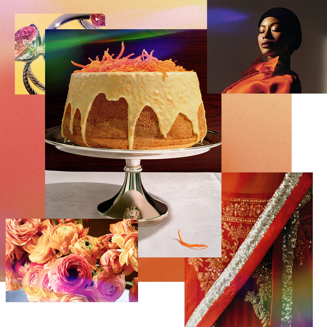 Assorted depictions including a black woman in an orange button up and bow tie, wedding bouquet, carrot-flavored cake and rings with an orange gemstone.