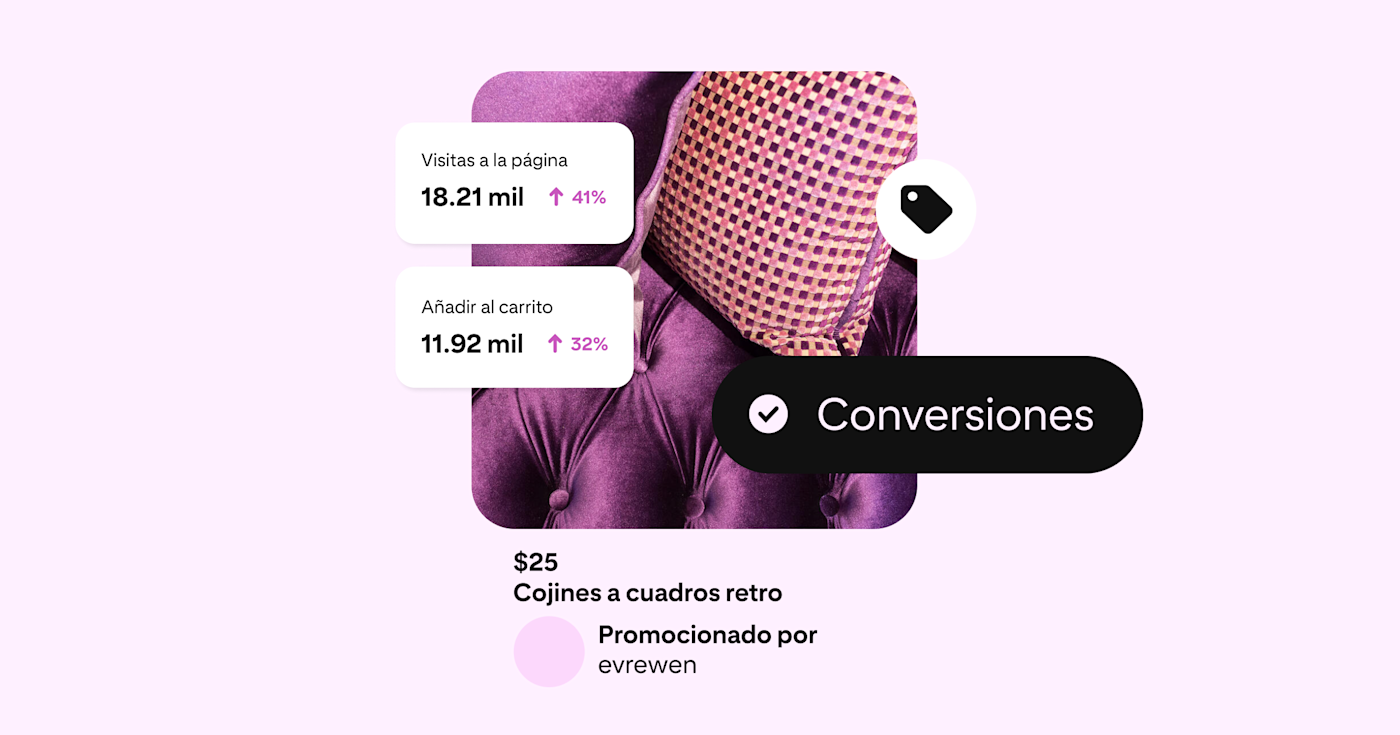 Un Pin de cojines a cuadros retro. El Pin está sobre un fondo rosa. Hay un botón “Comprar ahora” y una etiqueta que indica que la campaña está optimizada para conversiones. También se muestran las visitas a la página y las veces que se añadió al carrito.