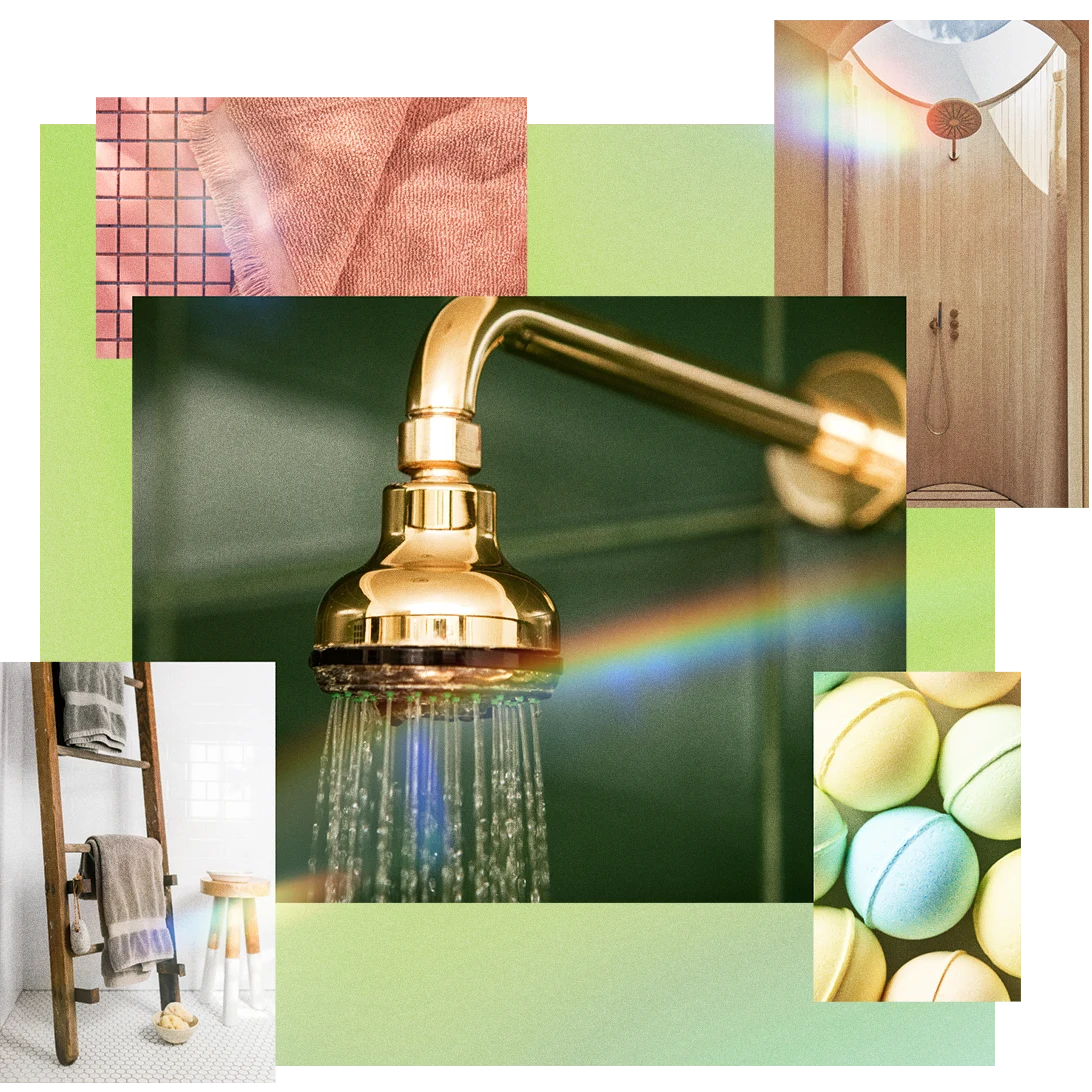 Set of five images depicting a golden shower head, shower bombs, towels on a ladder and a serene shower space.