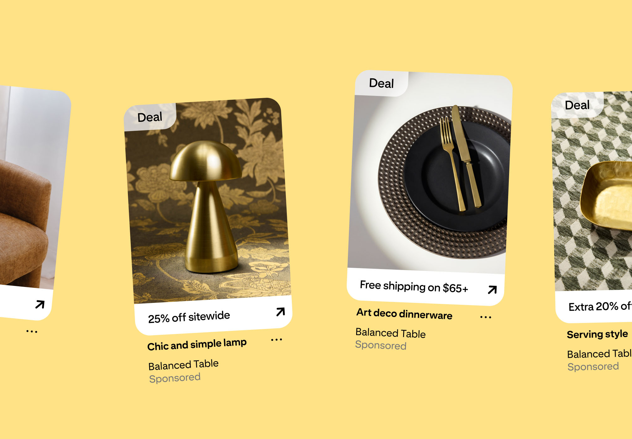 Pinterest shopping ads with “Deal” badges and offers like “25% off sitewide” featuring a brass lamp and dinnerware.