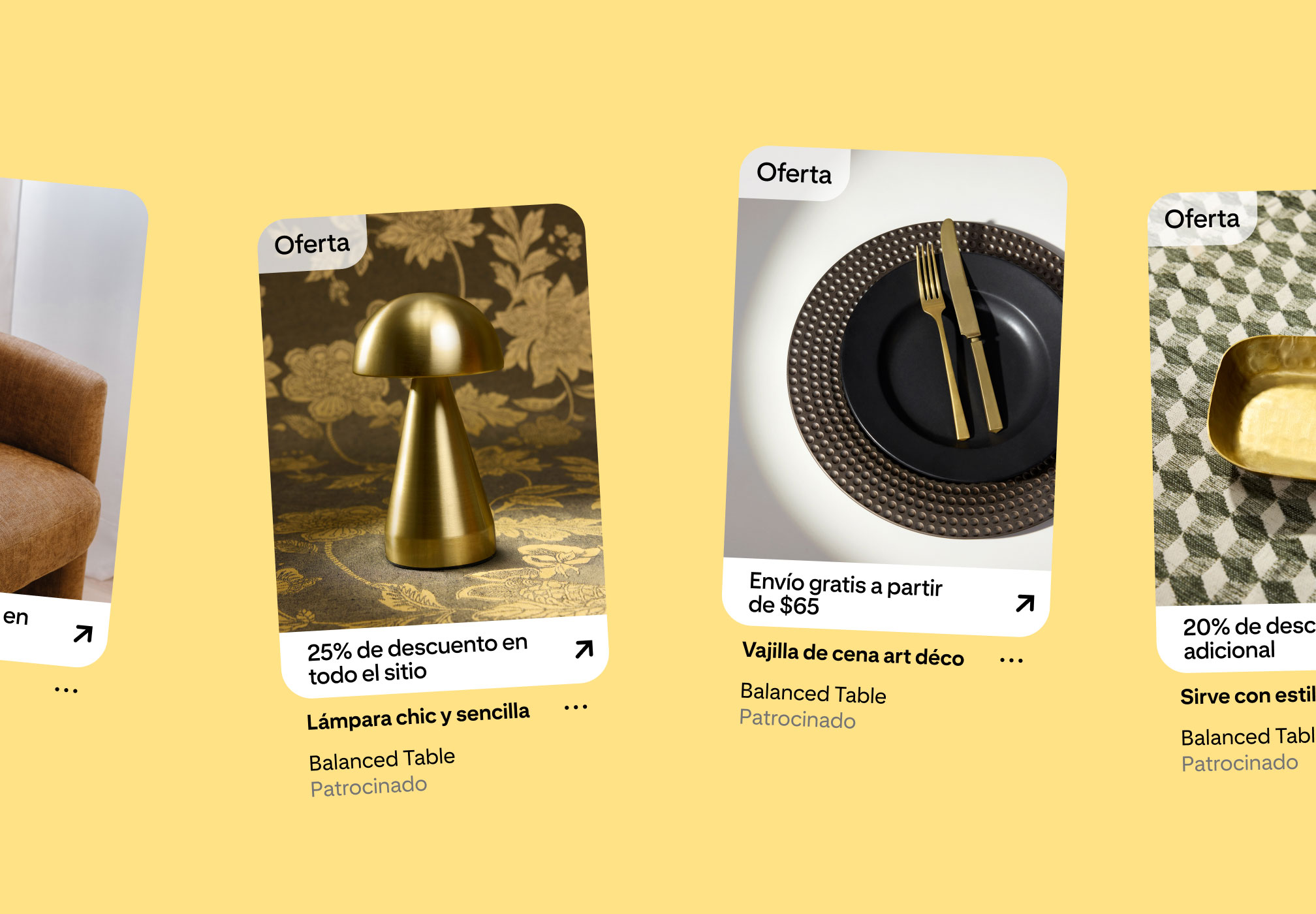 Pinterest shopping ads with “Deal” badges and offers like “25% off sitewide” featuring a brass lamp and dinnerware.