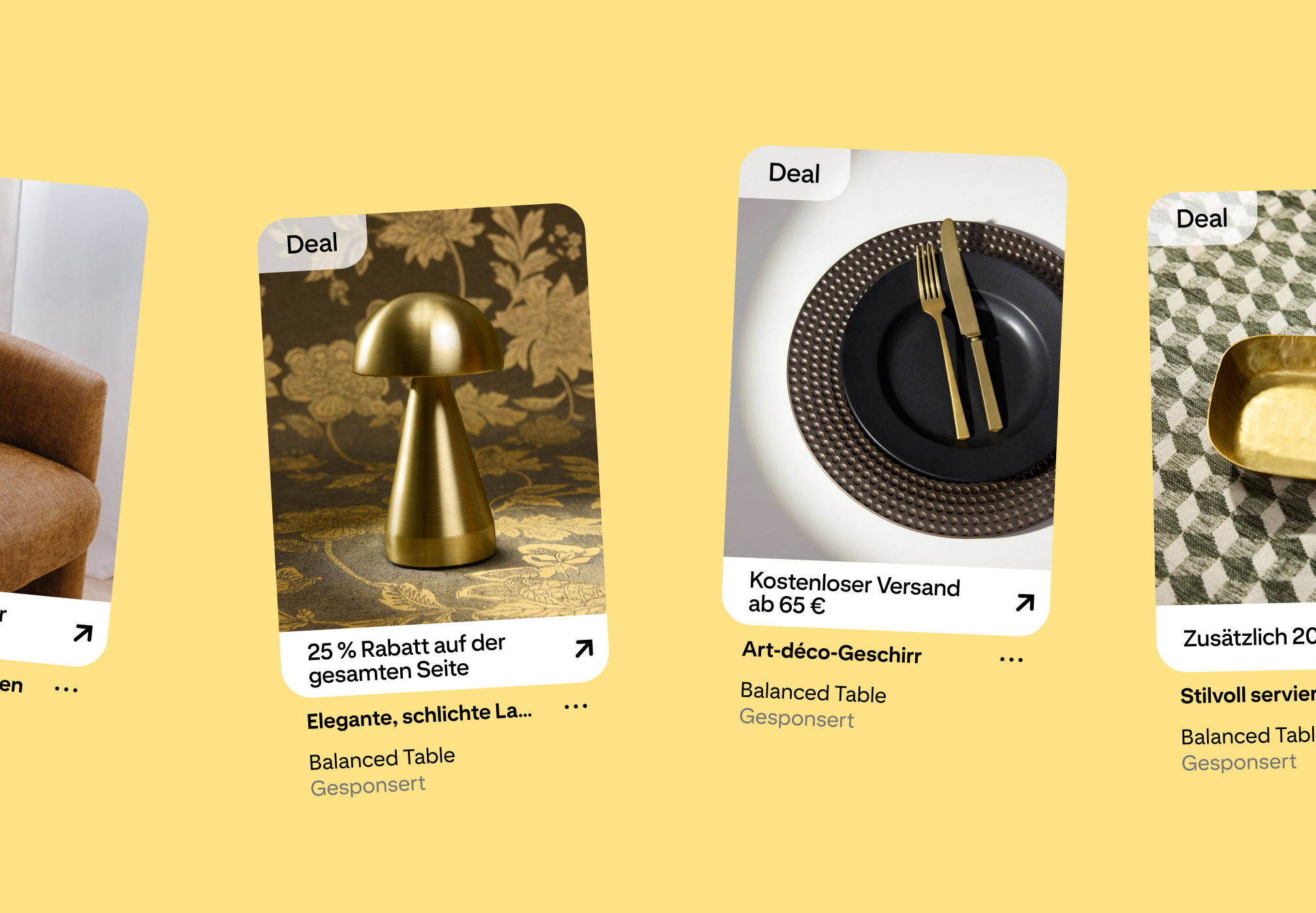Pinterest-Shopping-Anzeigen mit „Deal“-Badges und Angeboten wie „25 % Rabatt auf der gesamten Seite“ mit einer Messinglampe und Geschirr