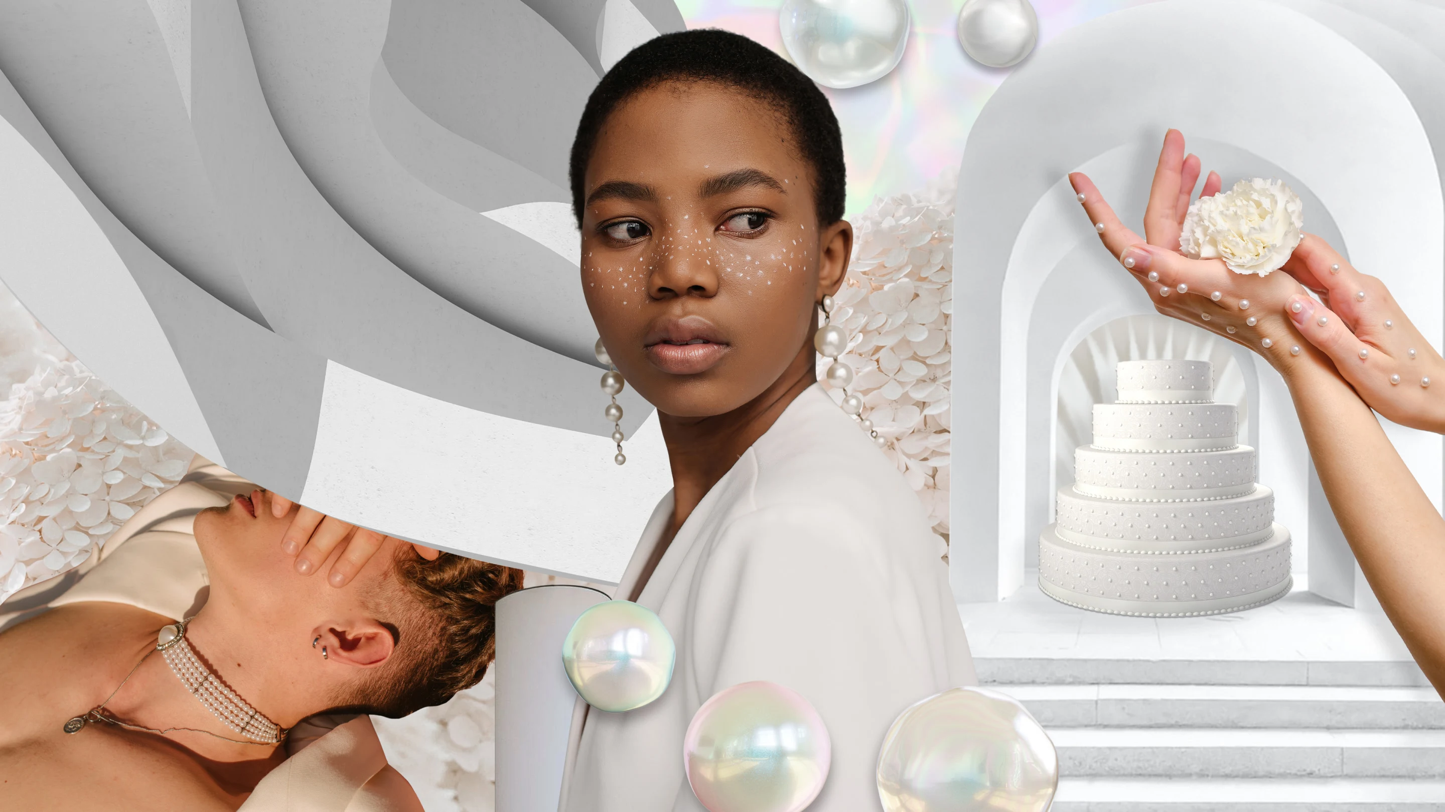 Collage of different people and pearly items. White man wearing a pearl choker necklace. Black woman wearing shimmery makeup and pearl earrings. A wedding cake with pearl details. A hand with pearls holding a white carnation.