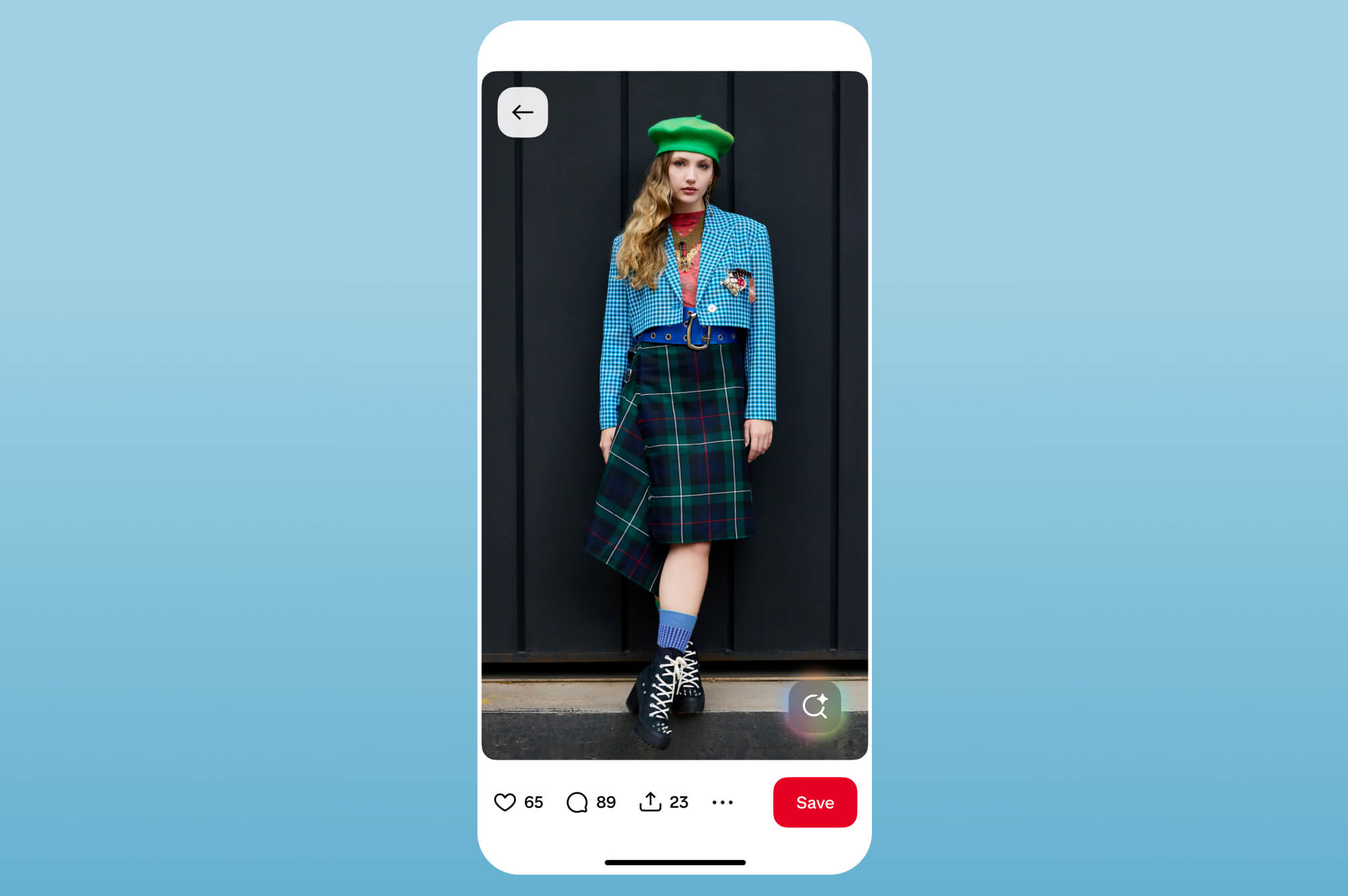 A Pin shows a woman wearing an eclectic outfit with a tartan skirt.