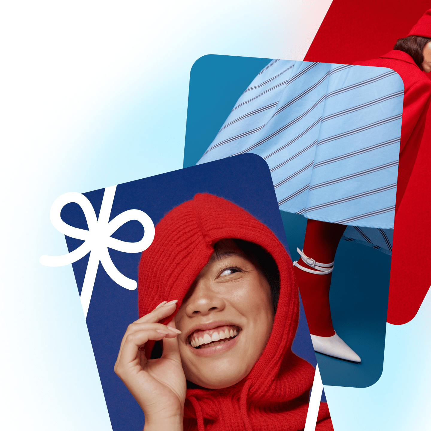 Collage of three photos: a girl in a red hoodie smiling, the bottom of a blue and red dress, and a person in a red hat, red eyeliner, and a red coat, partially overlapping.