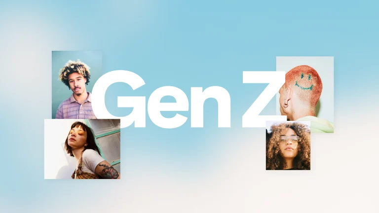 Imagens de quatro pessoas da geração Z em um fundo azul-claro, com exemplos de tendências de pesquisa.