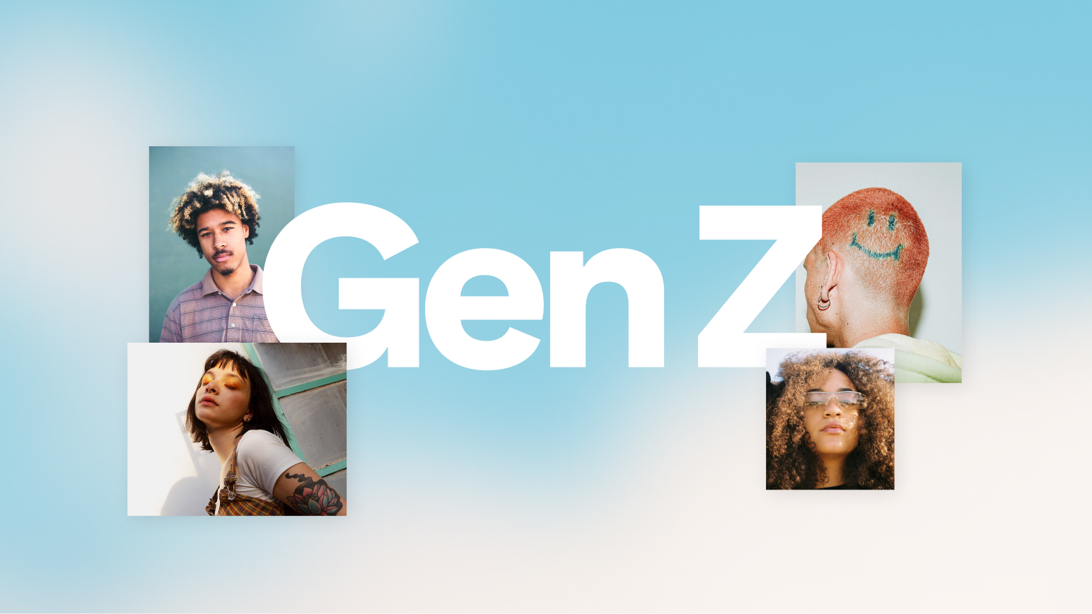 Bilder von vier Angehörigen der Gen Z auf hellblauem Hintergrund, mit dem Schriftzug "Gen Z" groß in der Mitte.