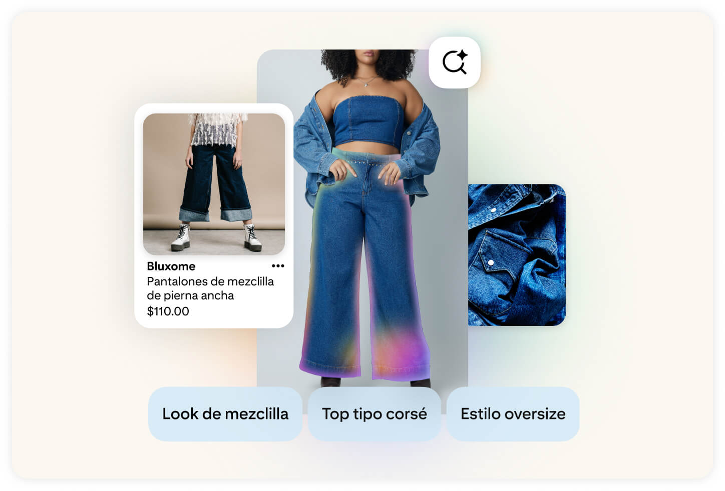 Las imágenes de denim de Pinterest van acompañadas de etiquetas de búsqueda como “look de mezclilla”, “top tipo corsé” y “estilo oversize”. 