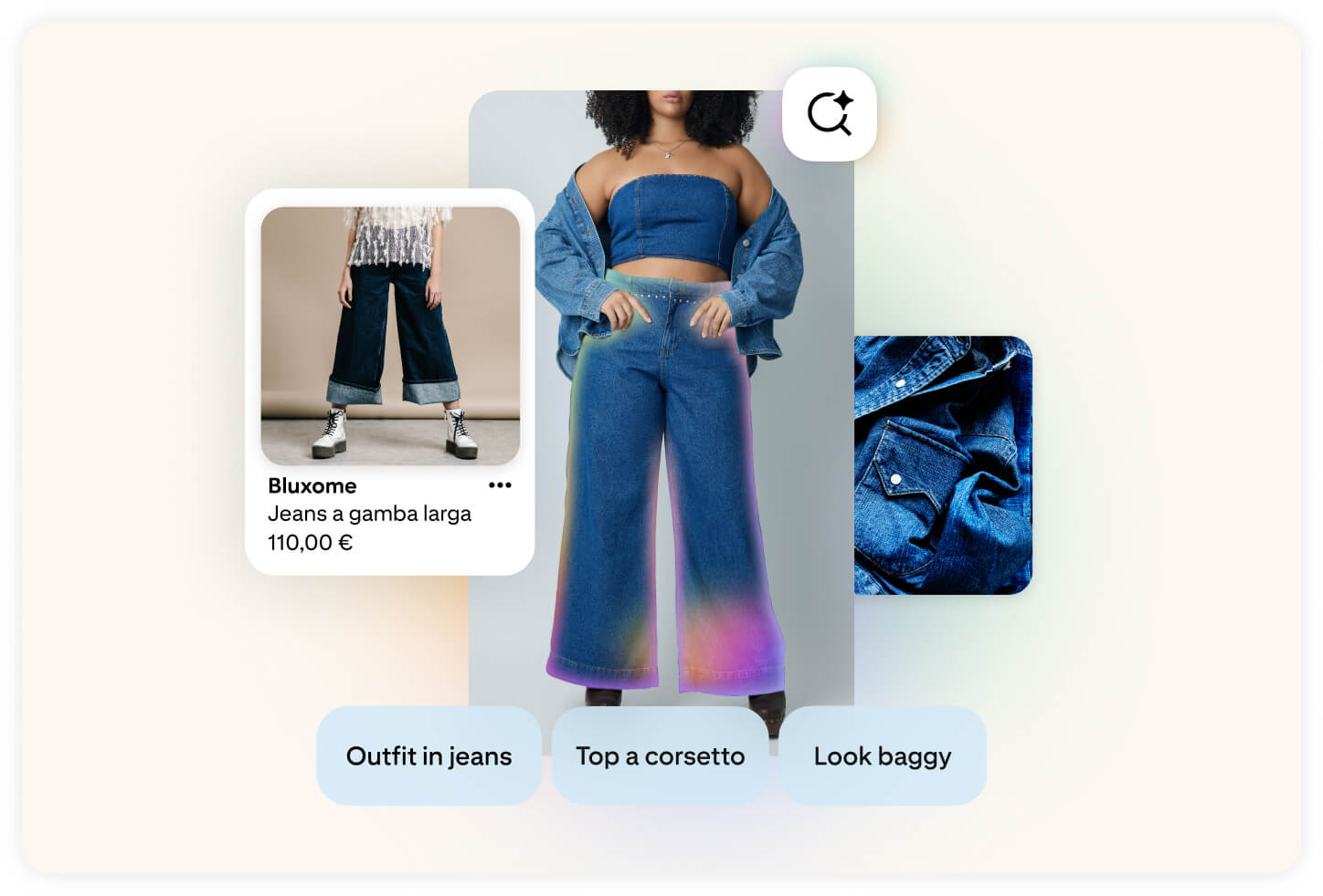 Immagini di articoli in denim tratte da Pinterest accompagnate da tag di ricerca come "Outfit in jeans", "Top a corsetto" e "Look baggy". 