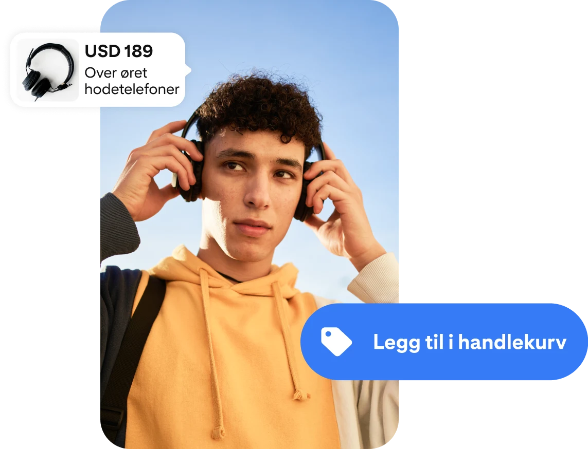 Et bilde av en ung mann som bruker hodetelefoner, innrammet på hver side av en annonse for trådløse hodetelefoner og en «legg-til-i-handlekurv»-knapp