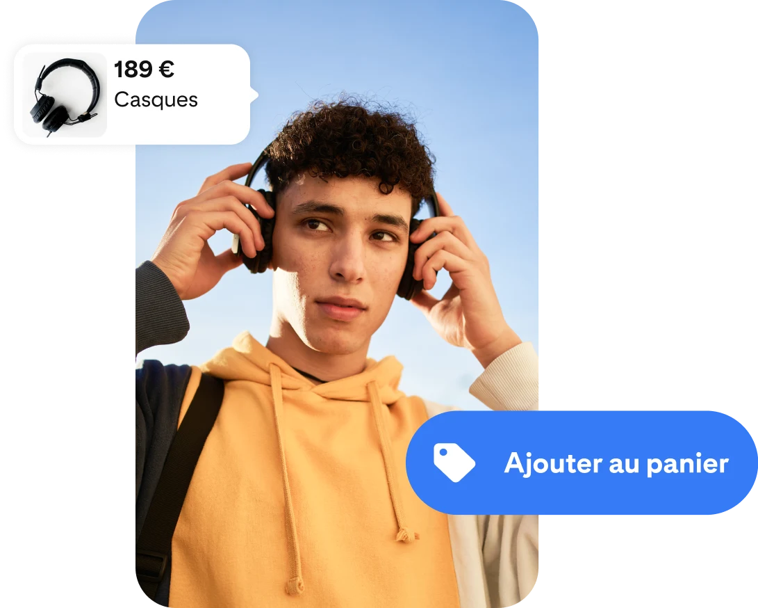 Photo d’un jeune homme utilisant un casque, bordée de part et d’autre d’une annonce pour un casque sans fil et d’un bouton « Ajouter au panier »