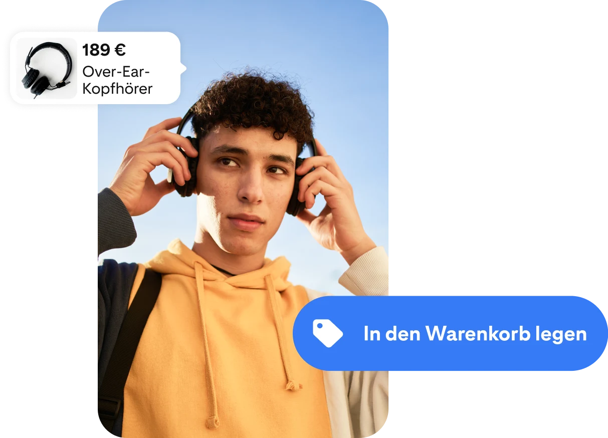Foto eines jungen Mannes, der Kopfhörer trägt, umgeben von einer Anzeige für kabellose Kopfhörer auf der einen, und einem „In den Warenkorb legen“-Button auf der anderen Seite