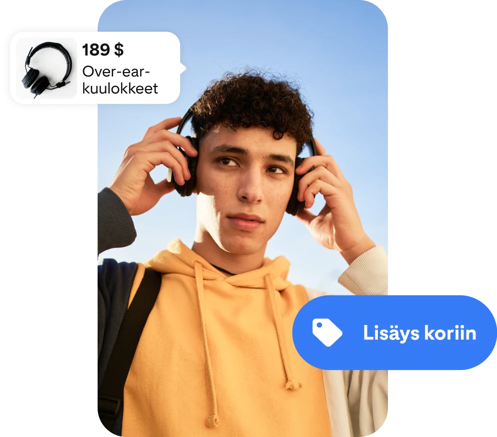 Kuulokkeita käyttävän nuoren miehen kuva, jonka toisella puolella on mainos langattomista kuulokkeista ja toisella Lisäys koriin -painike