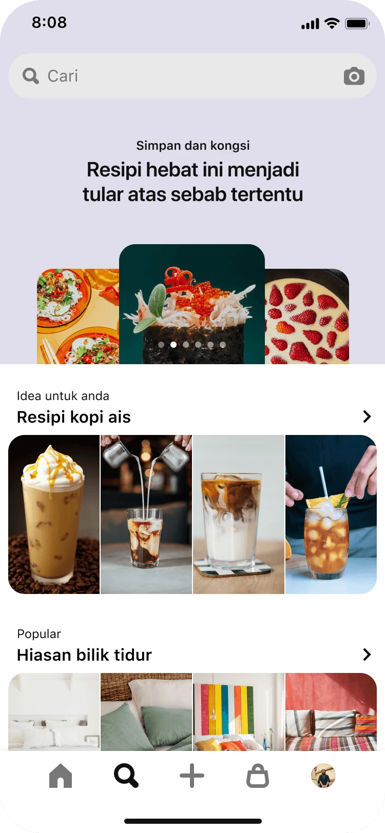 Tab carian aplikasi mudah alih dengan bar carian yang dijajarkan ke atas dengan 3 pin idea kuku bertindan bertajuk "Kuku Berkilauan Umpama Mutiara: Berkilau-kilauan seperti kilauan pada sisi lembut glamor". Di bawah ini, bahagian bertajuk "Idea untuk anda: Resipi Kopi Ais" dengan 4 pin dan bahagian lain bertajuk "Popular: Hiasan bilik tidur" dengan 4 pin.