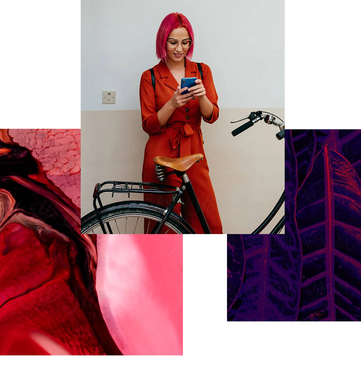 A trio of images with a red motif featuring a White woman with red hair holding a cellphone in front of a bicycle