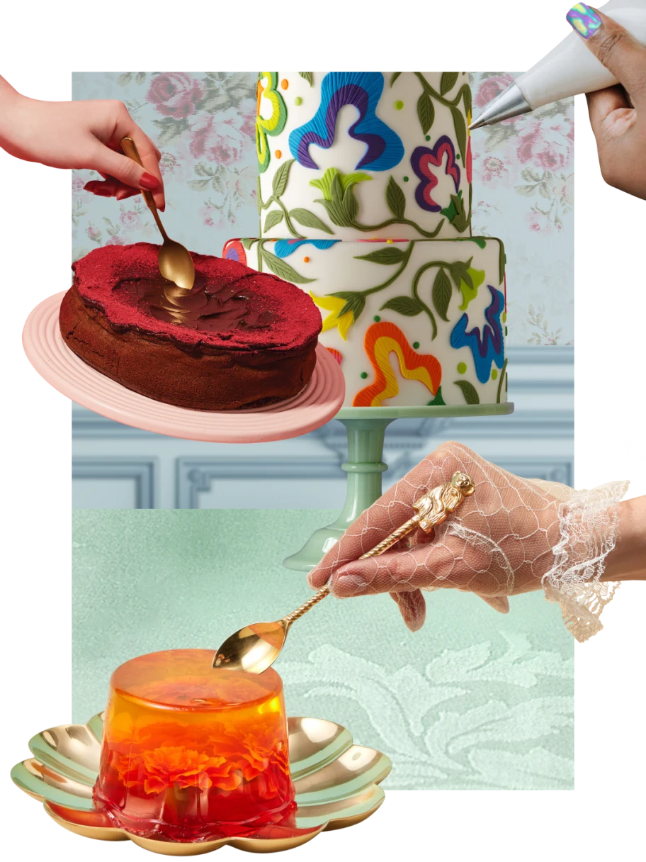Collage of cakes. Red velvet cake with a chocolate center, white hand dipping a spoon in. Two-tier cake with flowers made out of fondant, white hand adding frosting with a white piping bag. Orange gelatin cake, white laced hand dipping a spoon in. 
