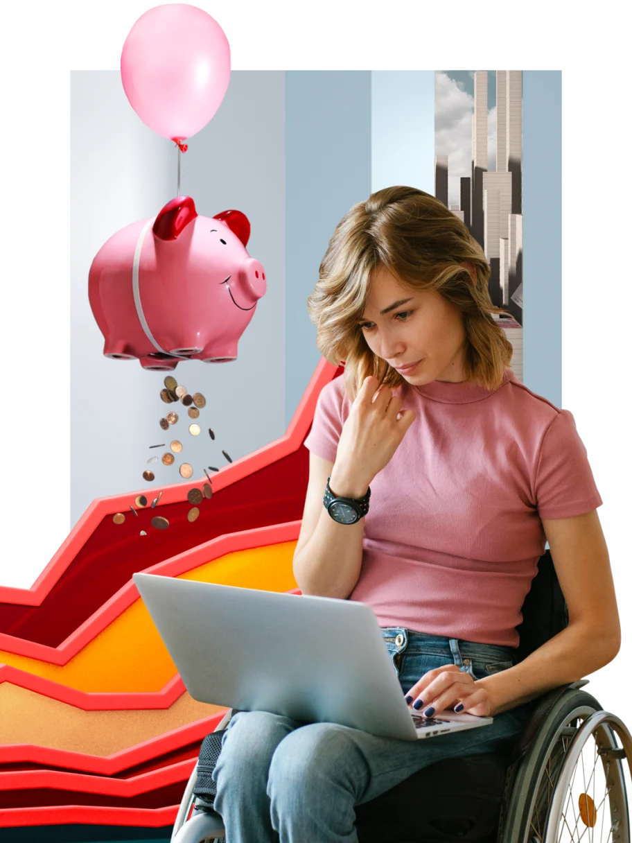 Collage zum Thema Finanzen. Rechts eine weiße Frau in einem Rollstuhl, die an einem Laptop arbeitet. Ein abstrakter Graph mit roten Linien auf der linken Seite. Ein rosa Sparschwein schwebt an einem rosa Ballon, unten fallen Münzen heraus. Hochhäuser vor einem blauen Himmel mit weißen Wolken.
