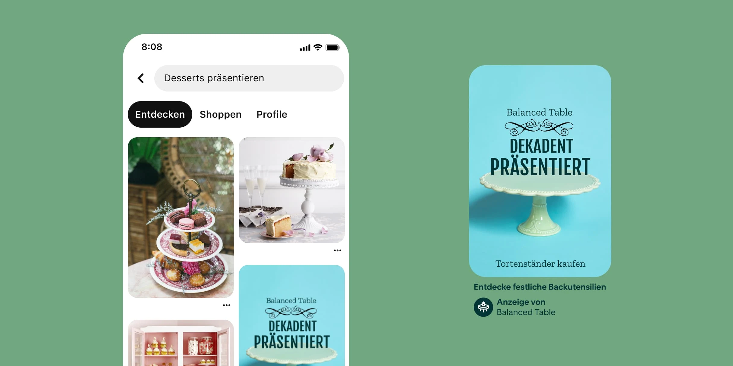 Pinterest-Suchergebnisse für „Desserts präsentieren“. Dreistöckige Etagere mit Gebäck. Kuchen mit weißem Frosting auf einem Tortenständer und einem Stück auf einem rosa Teller. Beides steht auf einem Tisch mit hellgrauer, gemusterter Tischdecke. Ein weißer Schrank mit rosa Innenseite, Cupcakes und Gläsern mit Süßigkeiten. Ein Pin mit einem lindgrünen Tortenständer. In der Mitte der Text „Balanced Table“, „Dekadent präsentiert“, „Tortenständer kaufen“. In der Beschreibung steht „Entdecke festliche Backformen“.