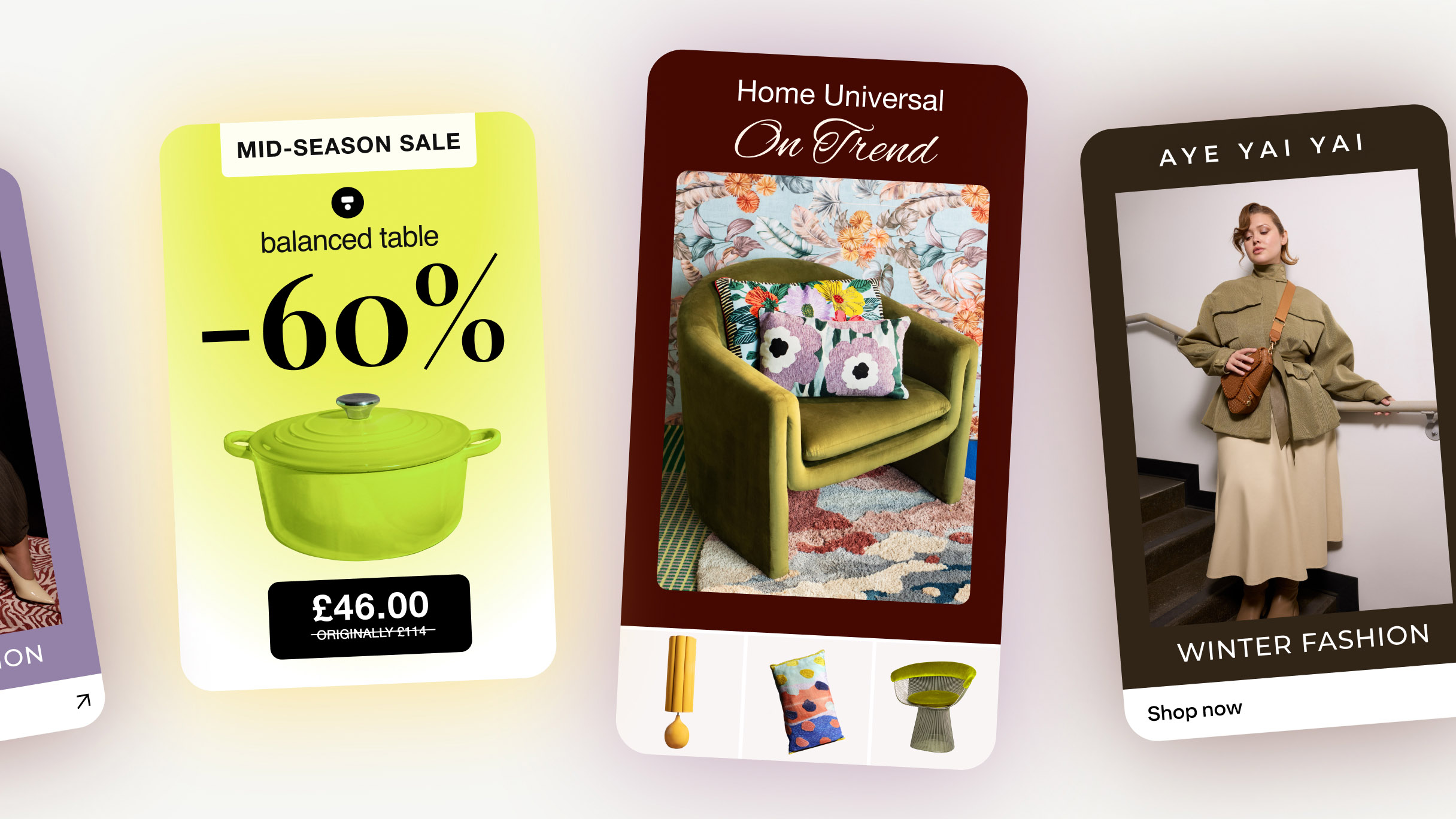 Three mock shopping Pins: a mid-season sale for a green pot at 60% off, a chair with floral pillows, and a winter fashion ad showing a model with “Shop now.”