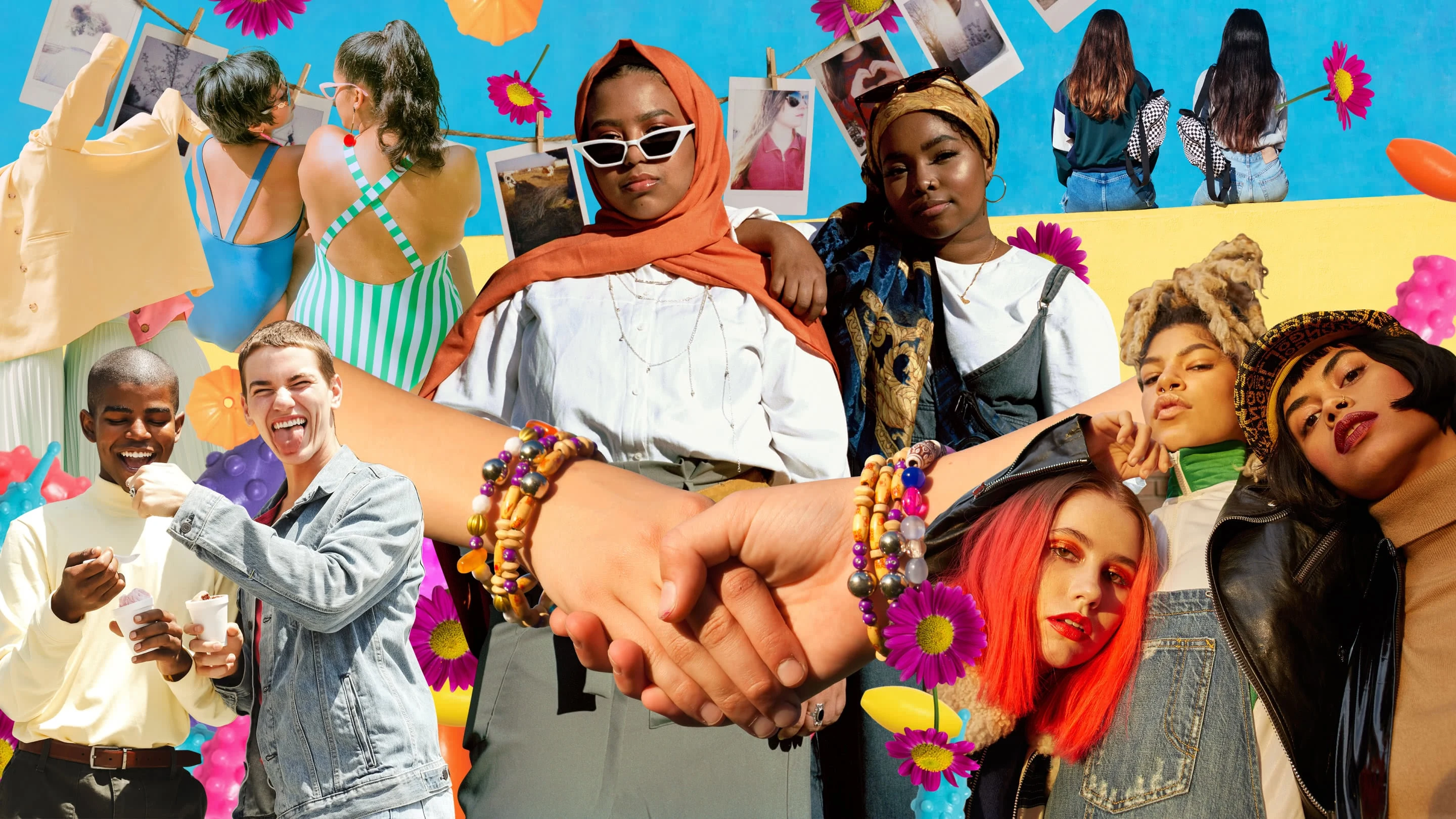 Collage colorido de amigos de diferentes razas y etnias. Apretón de manos en el centro, flores brillantes y formas en el fondo.