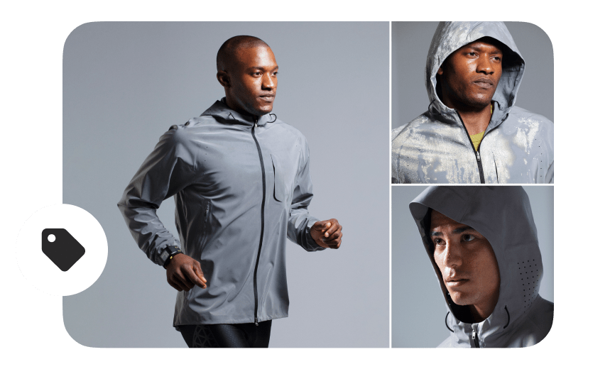 Pinterest board preview with three images featuring two Black men and a White man, all in grey workout gear, with a shopping tag on the left side. 