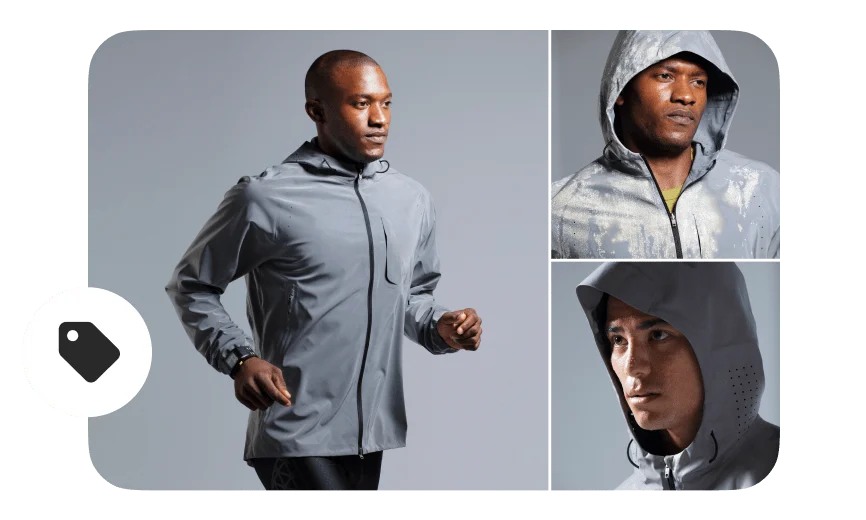 Anteprima di una bacheca Pinterest con tre immagini che mostrano due uomini di colore e un uomo bianco, tutti indumenti da allenamento grigi, con un tag per lo shopping sul lato sinistro. 