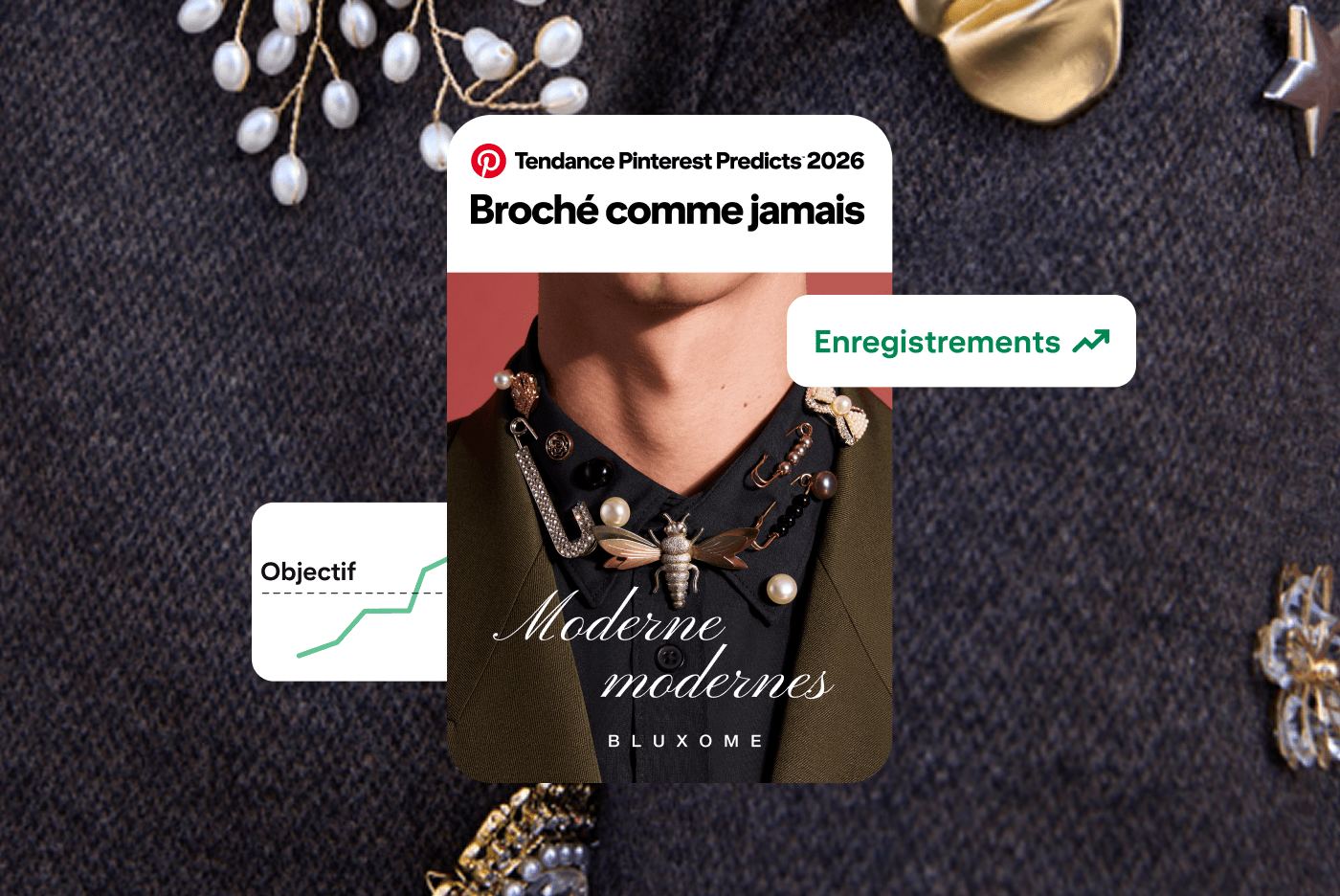 Un exemple d’Épingle pour la tendance « Broché comme jamais » montre une vue détaillée du col de chemise d’un homme orné de plusieurs broches. Fond en tissu avec d’autres broches, graphiques montrant enregistrements en hausse et objectif dépassé. 