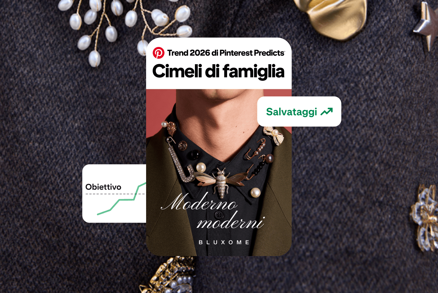 Un esempio di Pin per la tendenza Cimeli di famiglia: un primo piano del colletto di una camicia da uomo con varie spille su uno sfondo in tessuto con altre spille, un grafico per aumentare i salvataggi e uno a linee che mostra un obiettivo superato. 