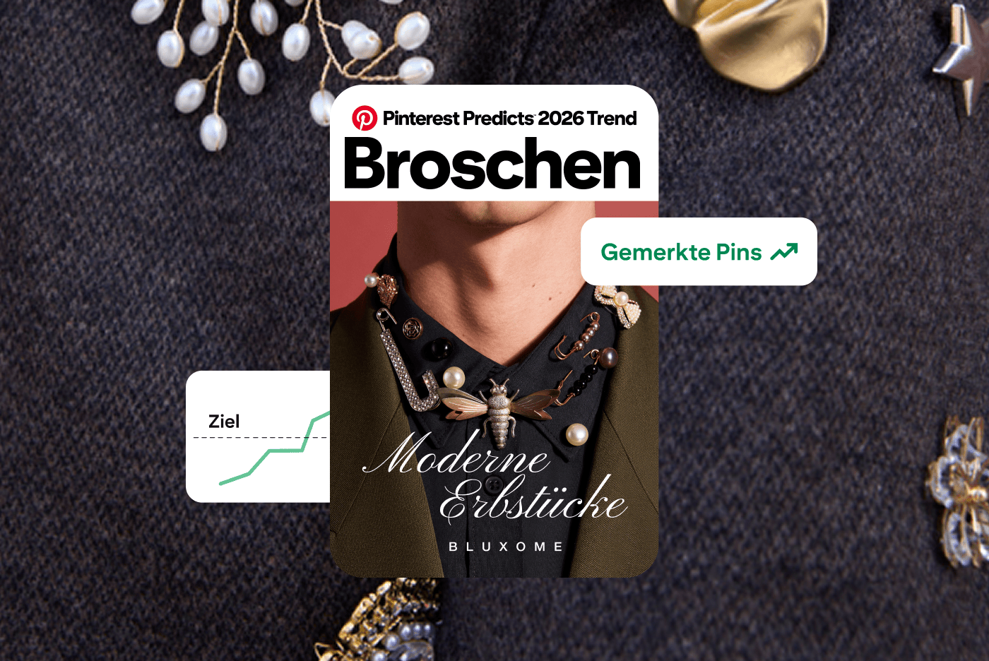 Ein Beispiel-Pin für den Trend „Broschen“ zeigt eine Nahaufnahme eines Hemdkragens mit mehreren Broschen. Vor einem Stoffhintergrund sind weitere Broschen sowie Grafiken mit Statistiken (mehr gemerkte Pins und Überschreiten eines Ziels) zu sehen. 