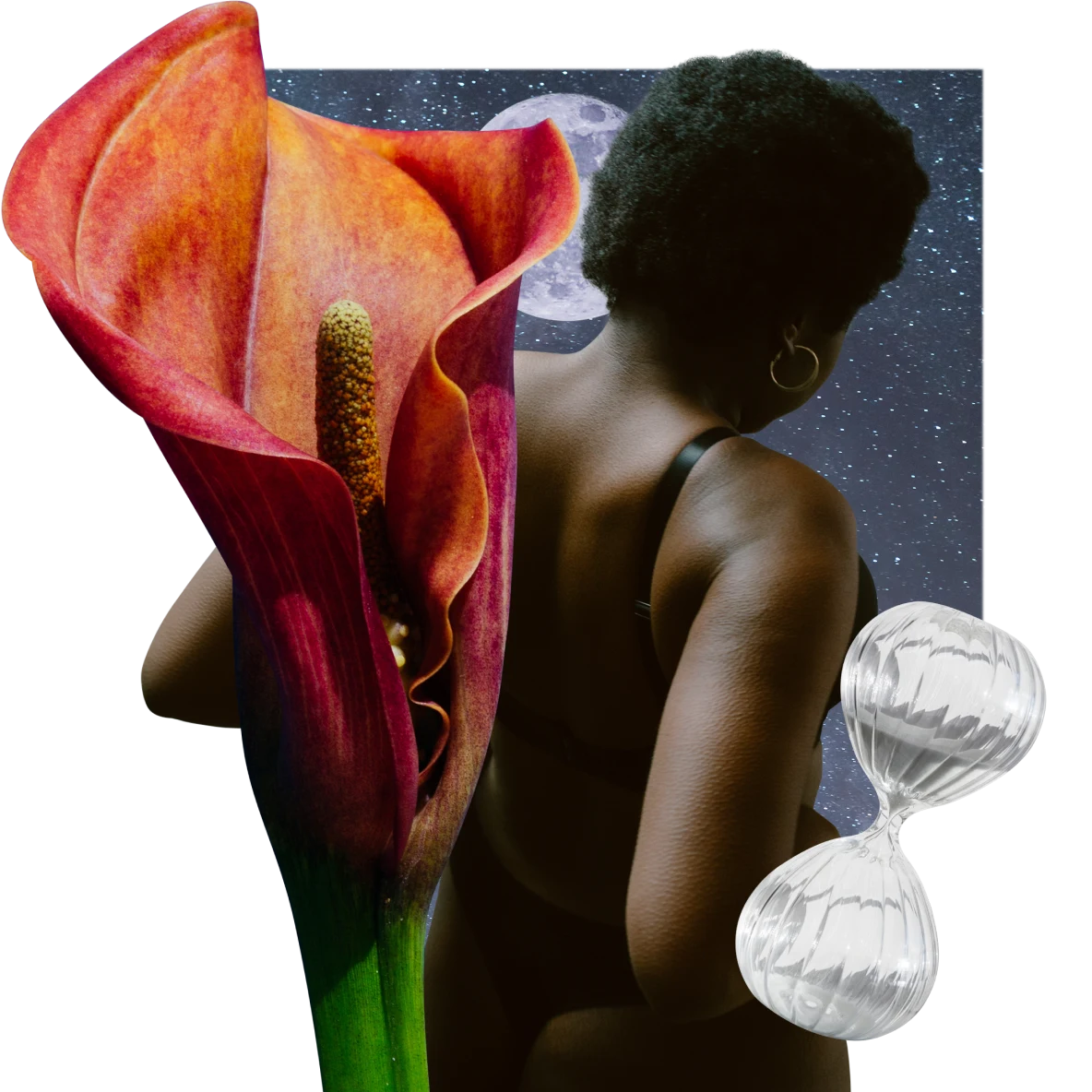 Orange calla lily at left. Black woman at right with her back turned to camera, full moon and night sky in background. Crystal hourglass at lower right.