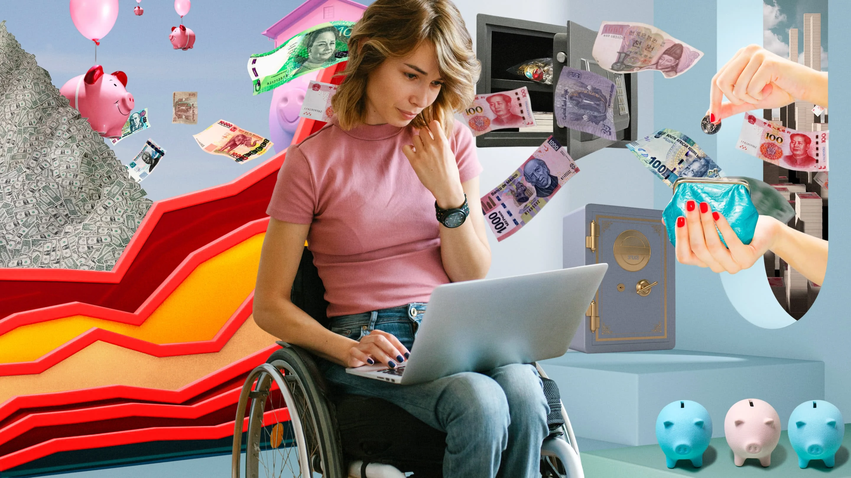 Collage of financial themes. White woman in a wheelchair at center, working on a laptop. Red lines of an abstract line graph at left. Floating banknotes from different currencies and countries. Small pastel piggy banks.