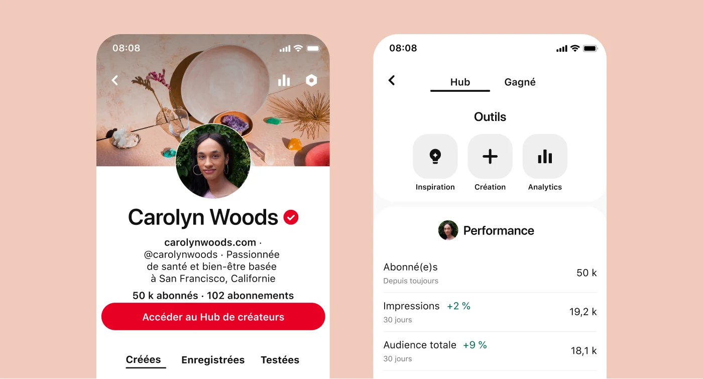 Vue mobile d'un profil pour Carolyn Woods à côté d'une vue de l'onglet performance du hub des créateurs